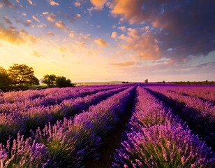 Fototapeta premium Wonderful nature landscape, amazing sunset scenery with blooming lavender flowers. Moody sky 