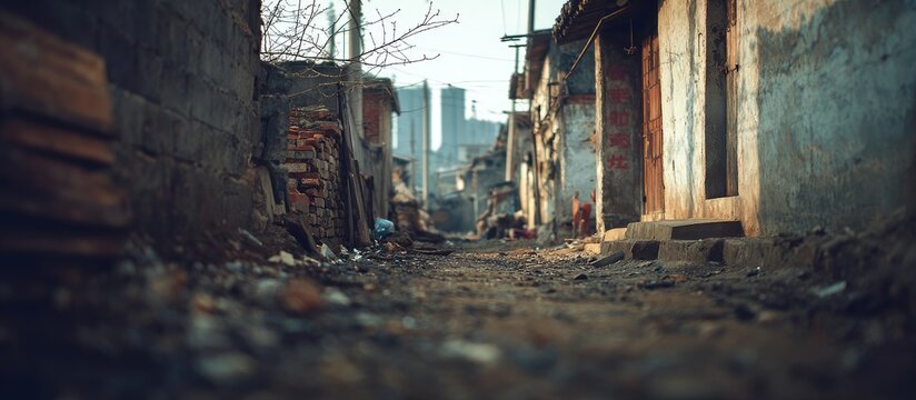 A sun-dappled alleyway in a poor urban neighborhood