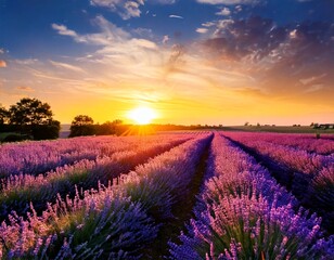 Fototapeta premium Wonderful nature landscape, amazing sunset scenery with blooming lavender flowers. Moody sky 