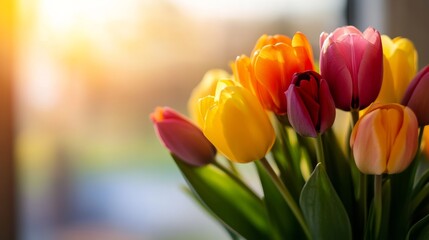 Fototapeta premium Vibrant tulip bouquet indoor setting floral photography natural light close-up view spring beauty