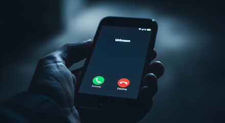 Answering a mysterious incoming call on a smartphone at night, feeling a sense of suspense and intrigue.