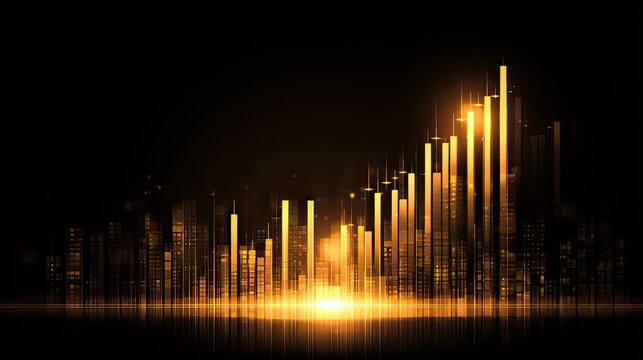 Abstract Golden City Skyline at Night with Illuminated Skyscrapers and Rising Graph Representation of Financial Growth
