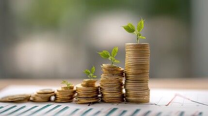 Growth of Investment with Coins and Green Plants Representing Financial Success and Sustainability Concepts