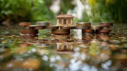 Miniature house on coins in water representing wealth, investment, and financial growth in a serene environment
