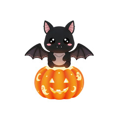 Cute bat in pumpkin plush toy with tiny claws, style halloween design, kawaii style, white background white background