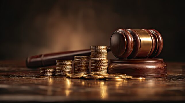 Gavel and Stacks of Gold Coins Representing Legal Justice, Financial Success, and Economic Power in a Courtroom Setting