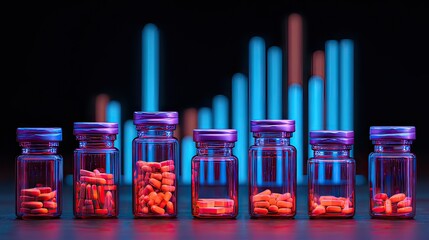 Colorful pharmaceutical bottles filled with capsules set against a vibrant background with glowing bar graph elements