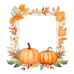 Pumpkin and autumn leaf frame watercolor vegetable plant food.