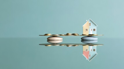 Balancing Home and Wealth with Coins on Pebbles Representing Financial Stability and Real Estate Investment