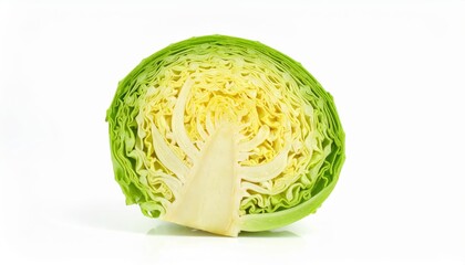 Obraz premium Close-up of a fresh green cabbage half, highlighting its crisp layers and vibrant colors on a white background.