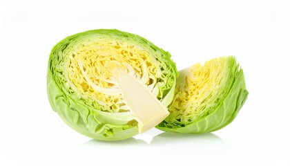 Obraz premium Close-up of a fresh green cabbage sliced in half, showcasing its crisp texture and vibrant color against a white background.