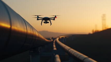 Drone surveillance operations pipeline infrastructure aerial photography urban landscape sunset view technological innovation