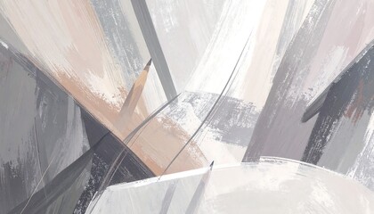 A dynamic abstract composition showcasing a blend of muted grays, whites, and beige tones.  Intricate brushstrokes create a sense of depth and movement.