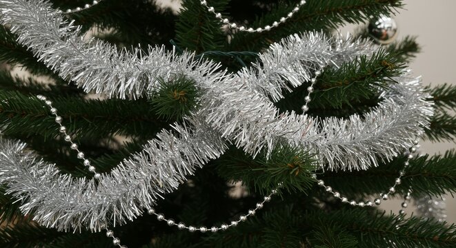 Silver tinsel garland on Christmas tree with solid off-white background