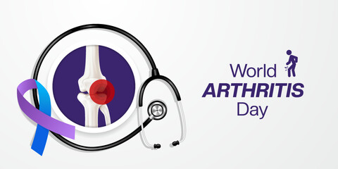 12 th October is World Arthritis Day. Bone, stethoscope and ribbon. Great for posters, banners and social media. White background.