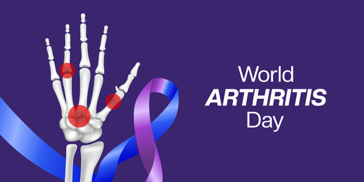 12 th October is World Arthritis Day. Hand bone and ribbon. Great for posters, banners and social media. Purple background.