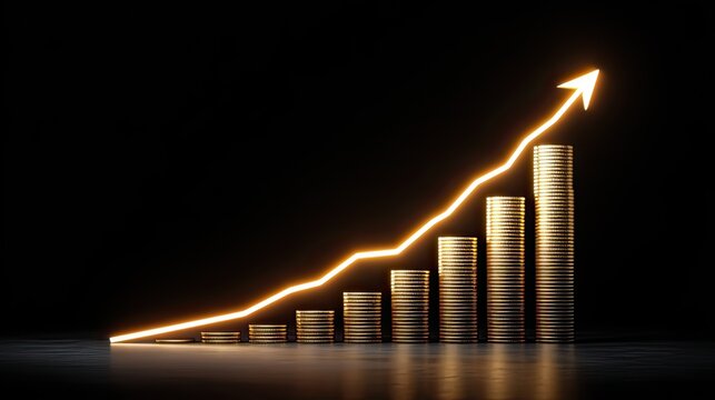 Financial Growth Concept with Rising Coins and Upward Arrow on Dark Background