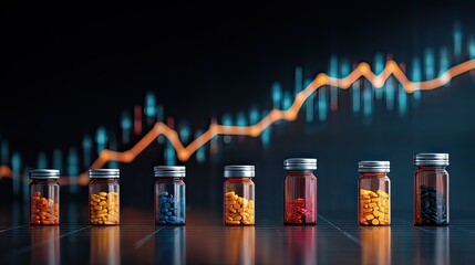 Colorful Medicine Bottles Arranged with Growth Graph Background Representing Health and Pharmaceutical Industry Success