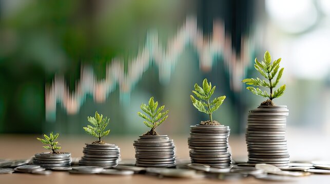 Growth of Investment with Plants and Coins Representing Financial Success and Sustainability in Modern Economy