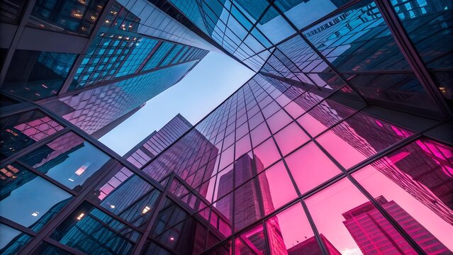 Looking up at an abstract cityscape of intersecting, reflective glass planes in vibrant pink and blue, bathed in bright light. - Powered by Adobe