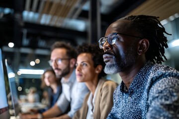 Focused Collaboration: A diverse group of professionals works in unison, immersed in deep thought and collaborative effort. They're engaged in the pursuit of success and problem solving.