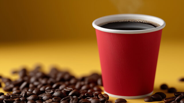 Vibrant red paper cup filled with steaming black coffee, surrounded by glossy roasted coffee beans on bright yellow background, highlighting morning energy, caffeine boost, and freshness - Powered by Adobe