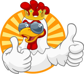 A chicken rooster cockerel bird cartoon character in a kings gold crown and cool shades or sunglasses giving a double thumbs up