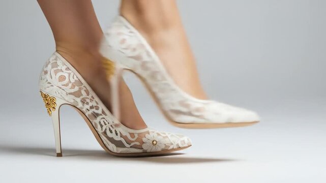 Elegant lace high heel shoe in white and gold for women fashion and bridal style
