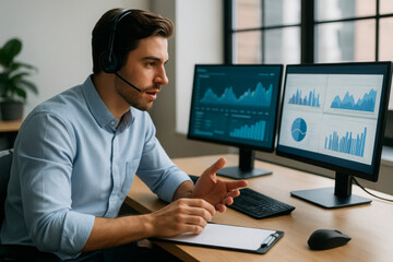 Young businessman wearing a headset and discussing financial data on computer screens in a modern office setting