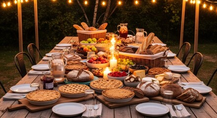 Outdoor dinner table with variety of food and candles at night. Garden party or family gathering. Festive meal setting with bread, cheese, pies, and string lights