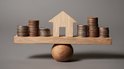 Balance of Home and Savings with Wooden House Symbolizing Financial Stability and Investment Growth