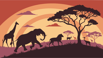 Naklejka premium African safari wildlife animals silhouettes at sunset on savanna landscape. Elephant, giraffe, wildebeest vector art.