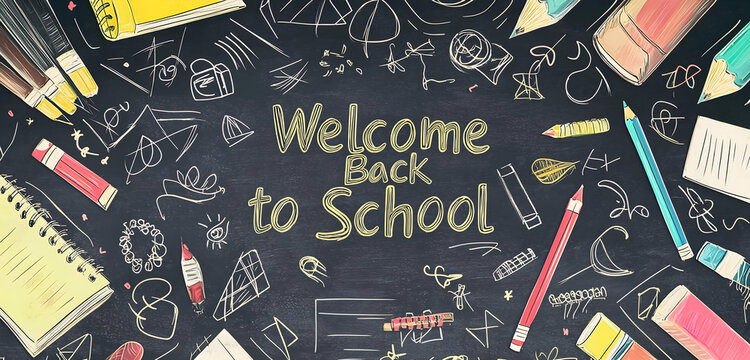 Excitedly welcome back to school with vibrant art supplies and doodles on a classic chalkboard, inspiring learning and creativity