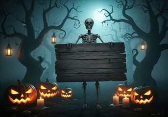 Happy Halloween holiday concept. creepy skeleton holding a large old wooden signboard in the center, carved glowing jack-o'-lantern pumpkins with sinister faces around, twisted trees with spider webs,