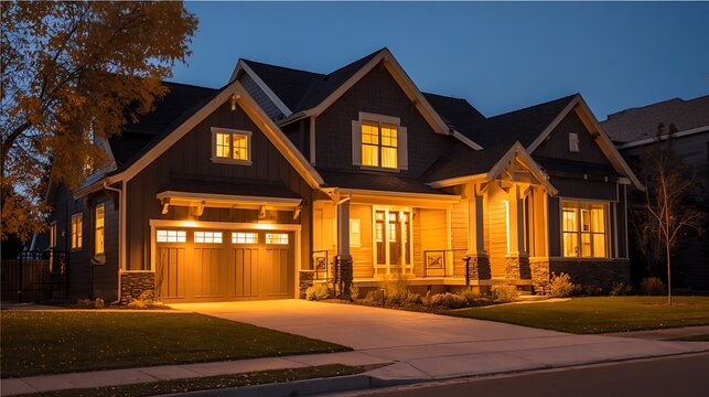 Exterior View of a Warm and Inviting House at Twilight