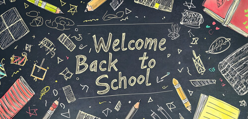 Welcome back to school with vibrant drawings of pencils, books, and chalk elements on a blackboard, perfect for educational themes.