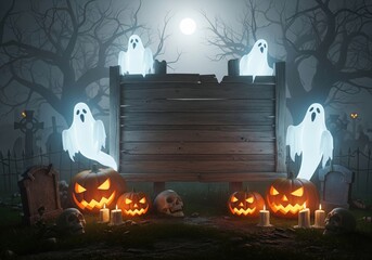 Happy Halloween holiday concept. floating glowing white ghosts surrounding a large old wooden signboard in the center, carved glowing jack-o'-lantern pumpkins with sinister faces around, twisted trees