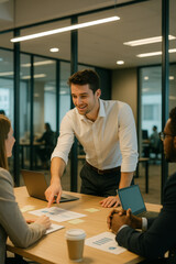 Enthusiastic young manager leads a diverse team meeting, presenting and analyzing business performance data on charts