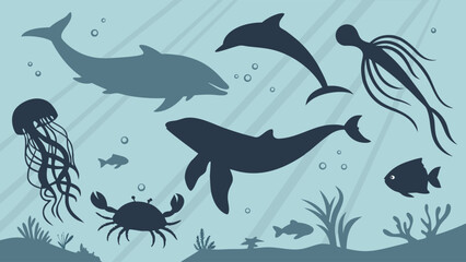 Ocean marine life silhouettes set. Underwater sea animals whale, dolphin, shark, octopus, jellyfish, crab, fish.