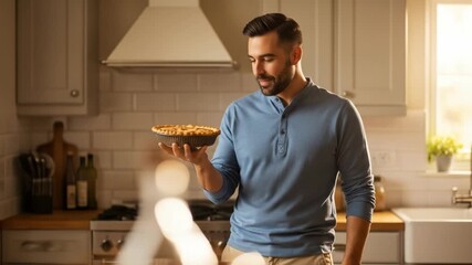 Smiling man holding a freshly baked pie in the kitchen, proudly showing his homemade dessert, a culinary achievement.