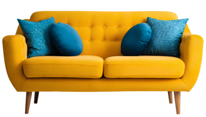  yellow sofa with blue pillows, isolated on a transparent background. cutout png file, png photo stock, no people. 