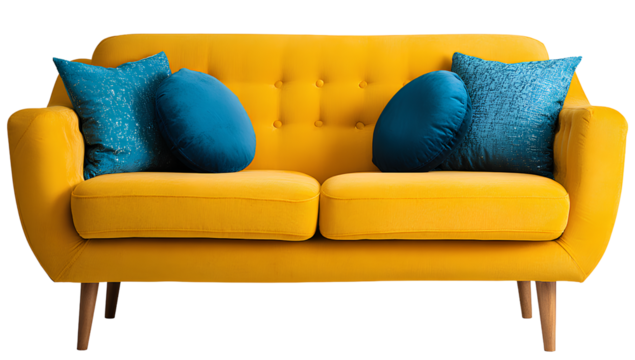 yellow sofa with blue pillows, isolated on a transparent background. cutout png file, png photo stock, no people.