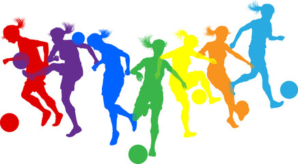 Silhouette women soccer female football player set. Active sports people healthy players fitness silhouettes concept.