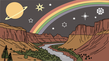 Colorful illustrated canyon landscape with a river, trees, and a vibrant rainbow in the dreamy night sky with stars and a planet.