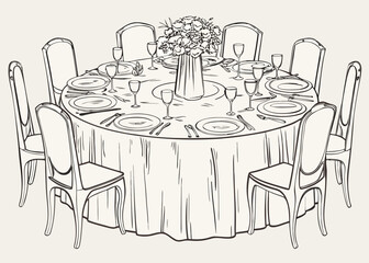 Elegant round dining table set for a formal event with floral centerpiece
