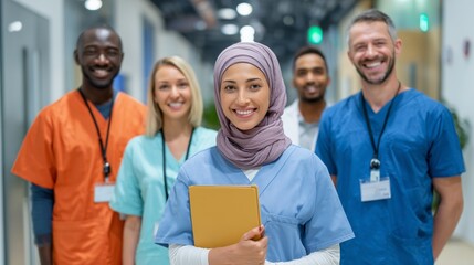 Diverse medical team smiling in hospital corridor