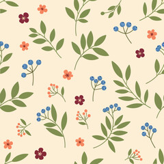 Vector art of seamless pattern of delicate floral elements with leaves and berries