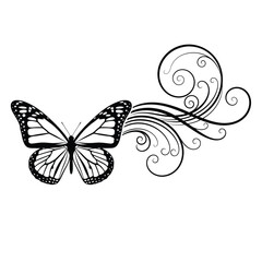 Vector art of black and white butterfly with ornate swirls