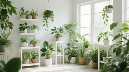 In a sunlit indoor space, various green plants and potted plants are placed, creating a fresh, natural and vibrant indoor garden atmosphere.