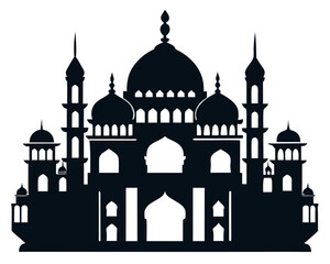 Silhouette of a grand islamic mosque with multiple domes and minarets